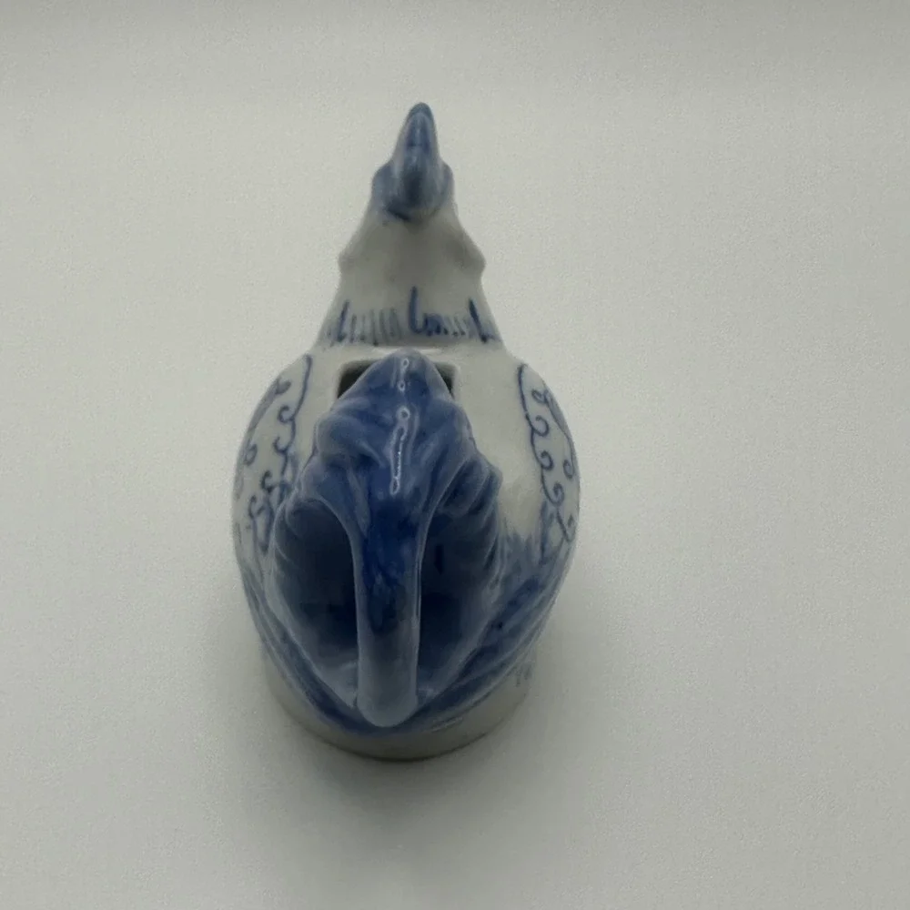 Vintage Blue and White Porcelain Rooster Miniature Creamer Toothpick Holder